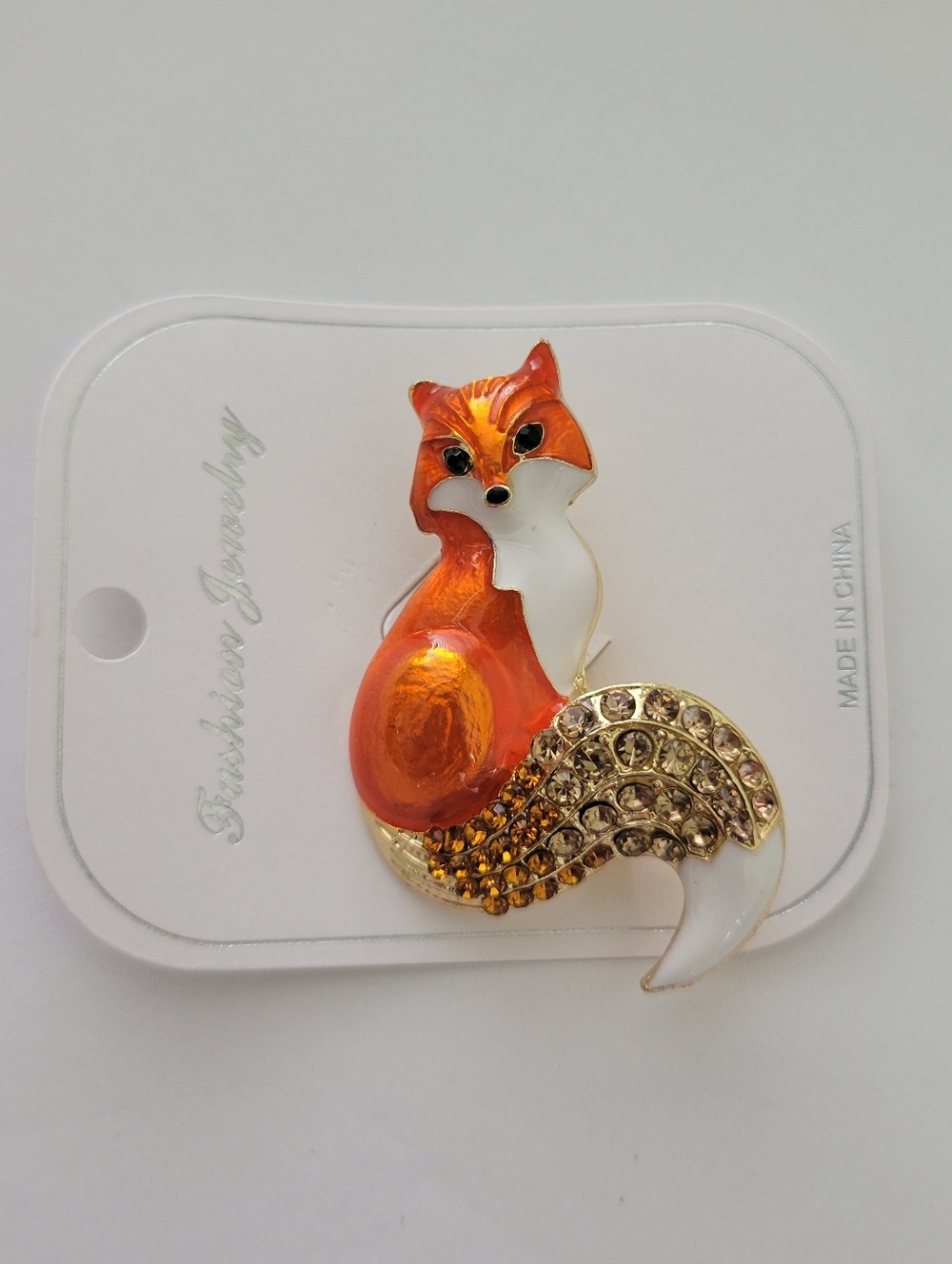 Fox Pin Brooch Orange White Enamel & Rhinestone 2"X1.5" Fashion Jewelry